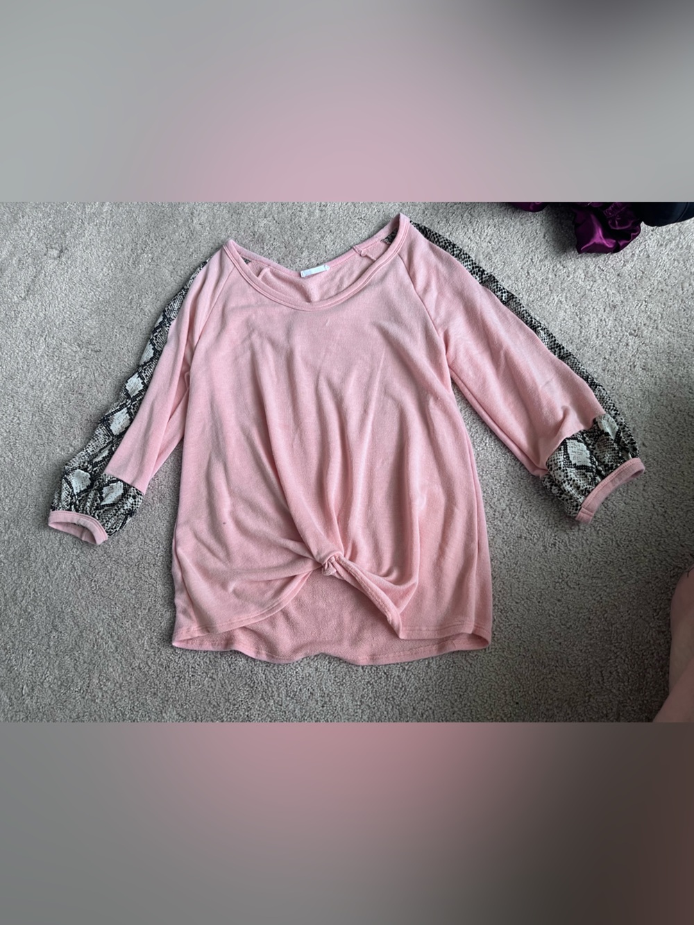 Women's Pink Tie-Front Top with Snake-Print Sleeve Detail